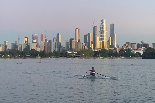 Man rowing on albert park lake, with Melbourne CBD in the background