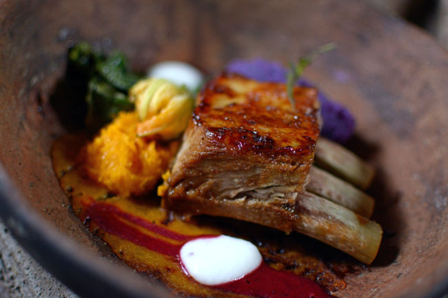 Grilled meat ribs on a plate with sauce, vegetables and mashed sweet potato