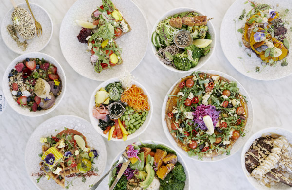 a selection of vegan food laid out on a big table