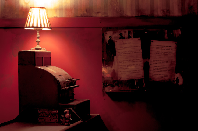 the inside of a dimly lit escape room