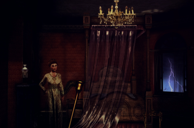 the bedroom of a haunted mansion puzzle room