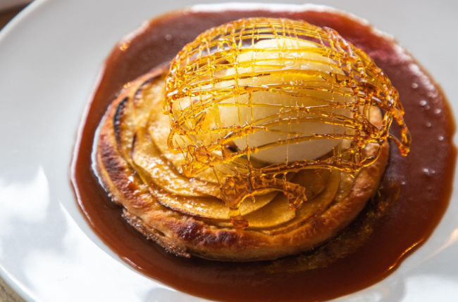 a French tart with ice cream with a caramel casing
