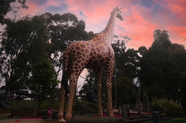 a giant giraffe on a mini golf course