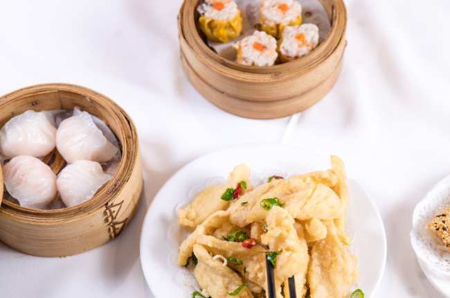 a selection of fried and steamed dim sums